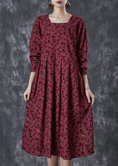 Mulberry Square Collar Print Corduroy Robe Dresses Spring