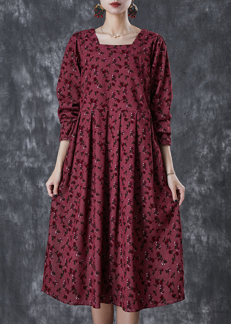 Mulberry Square Collar Print Corduroy Robe Dresses Spring