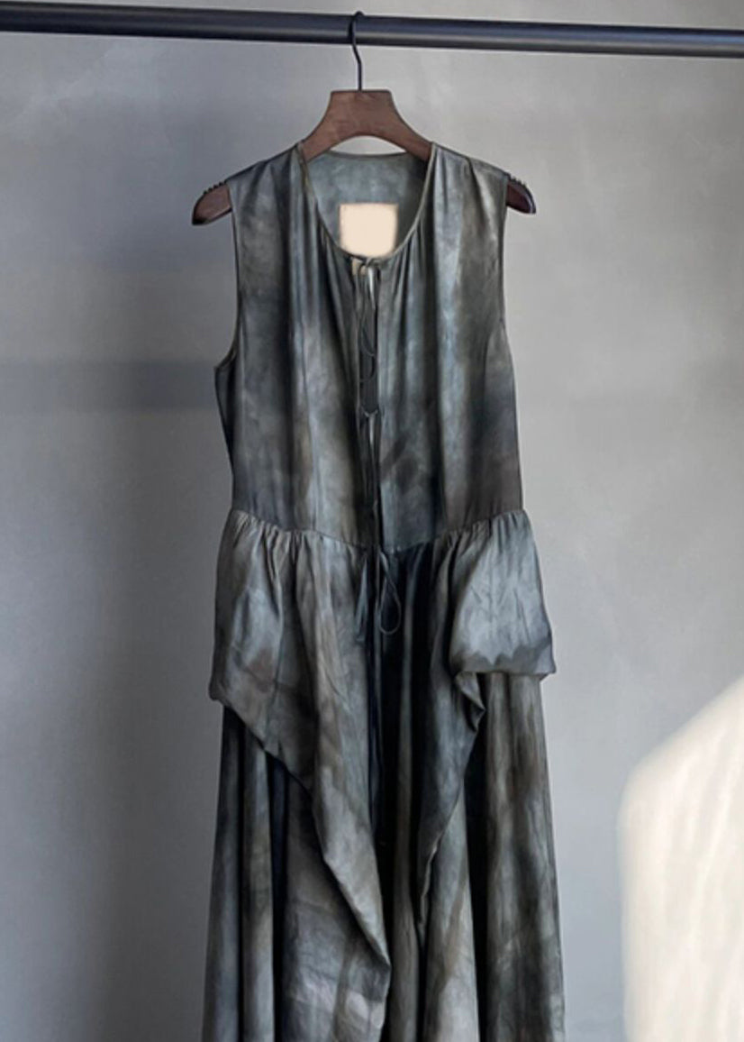 French Grey Lace Up Patchwork Linen Dress Sleeveless Summer