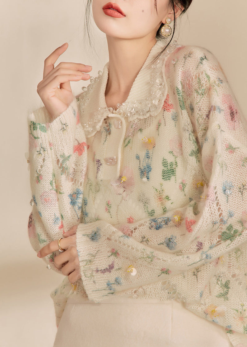 Apricot Peter Pan Collar Print Hollow Out Sequins Cotton Knit Sweaters Winter