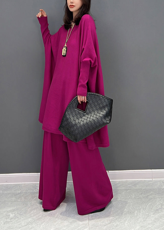 Rose V Neck Knit Top and Wide Leg Pants Two Pieces Set Fall