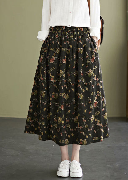 Black Print Cotton a Line Skirt Exra Large Hem Pockets Fall