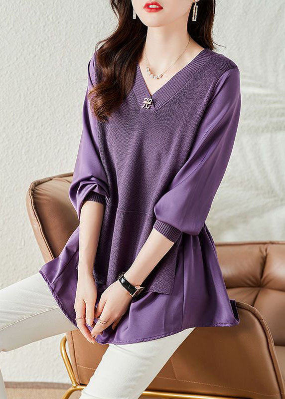 Purple V Neck Patchwork Knit Fake Two Piece Top Long Sleeve