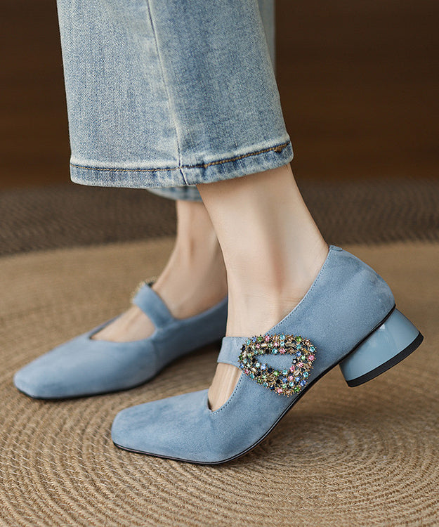 Black Zircon Buckle Strap Splicing Suede Chunky Shoes