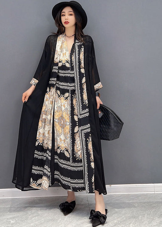 Style V Neck Print Sashes Chiffon Long Dress and Long Cardigans Two Pieces Set Summer
