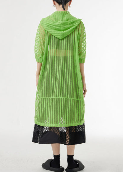 Green Hooded Hollow Out Patchwork Tulle Upf 50+ Coat Half Sleeve