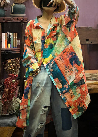 Loose Multi Peter Pan Collar Print Patchwork Linen Blouses Long Sleeve