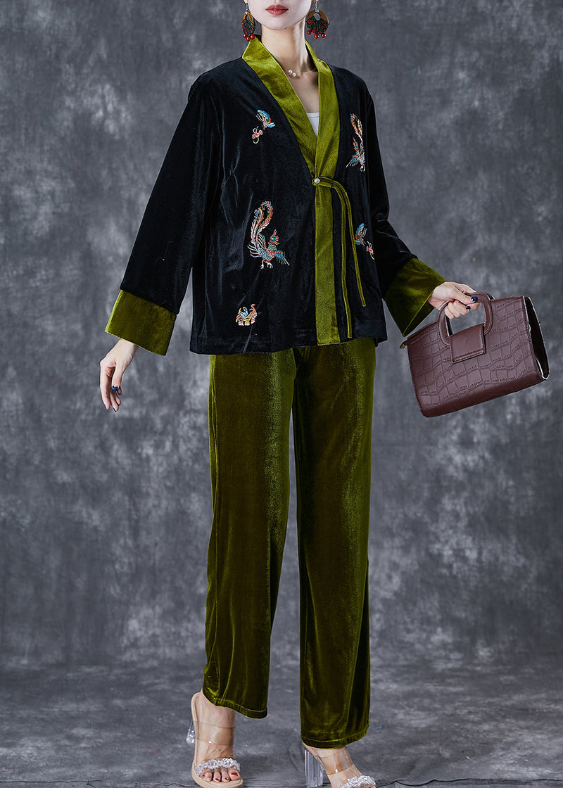 Blackish Green Embroideried Patchwork Silk Velour Two Pieces Set Fall