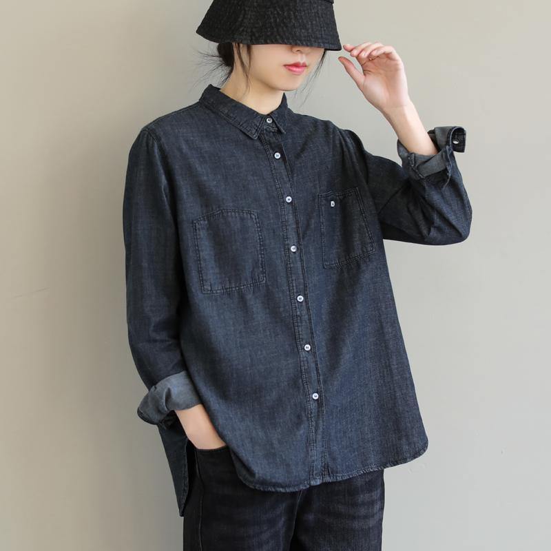 French Denim Black Top Lapel Pockets Baggy Spring Blouses