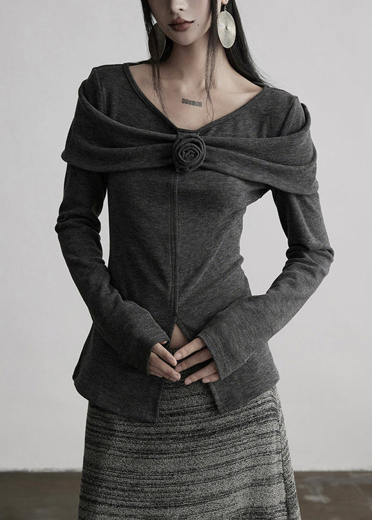 Slim Fit Grey V Neck Cotton T Shirts Tops Fall