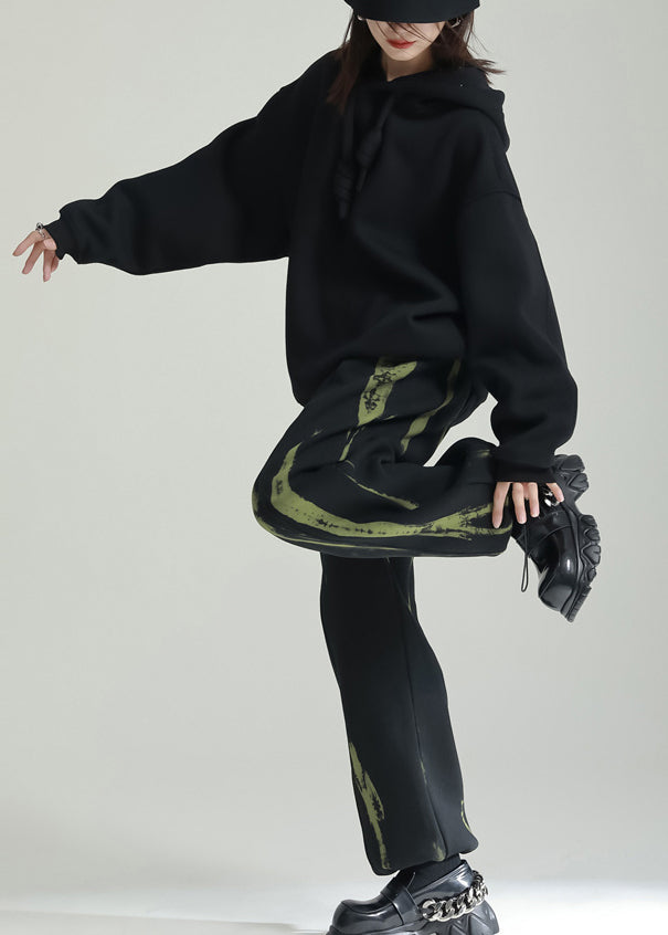 Black Hooded Patchwork Warm Fleece Sweatshirts Tracksuits Winter