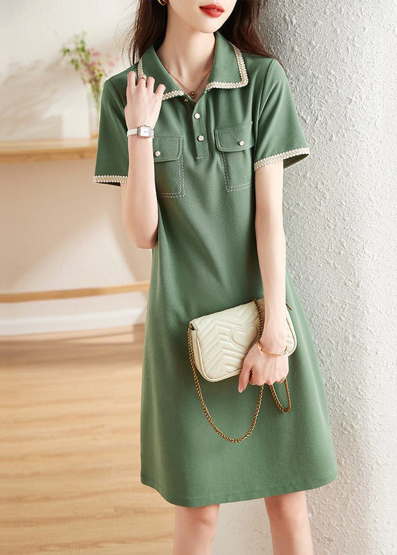 Green Peter Pan Collar Button Patchwork Cotton Dress Summer
