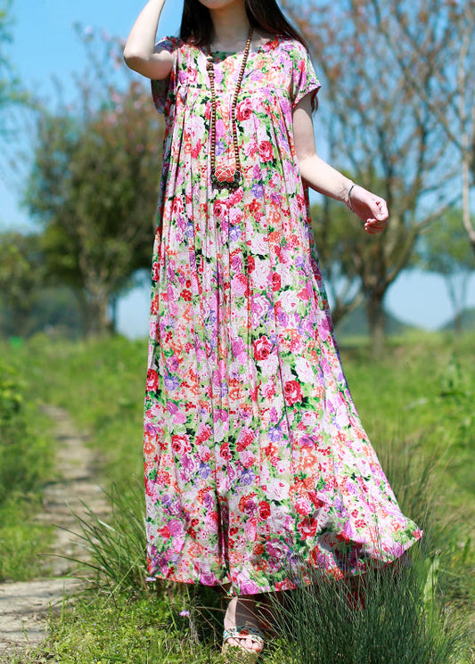 O-neck Wrinkled Print Long Dress Short Sleeve