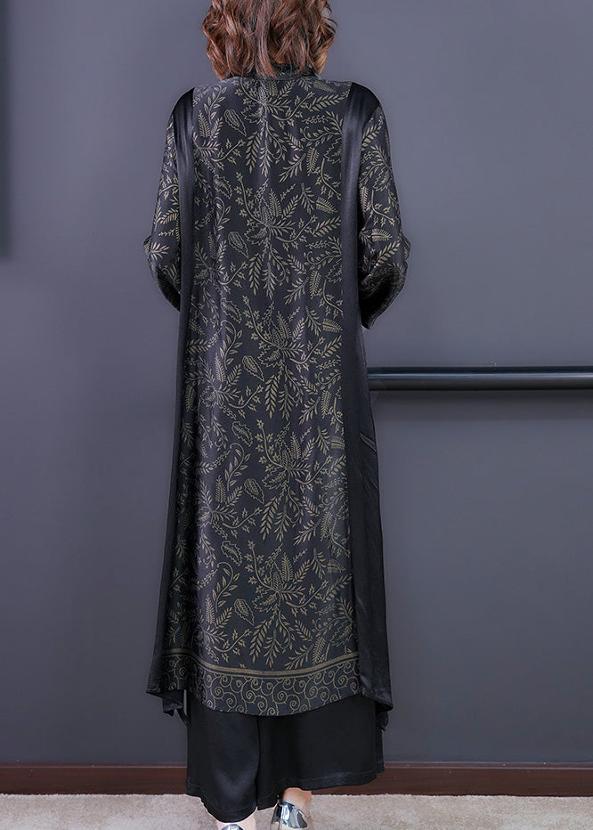 Black Print Button Silk Long Shirts and Wide Leg Pants Two Piece Set Long Sleeve