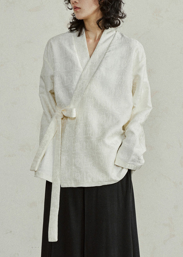 Jacquard Beige V Neck Top Long Sleeve