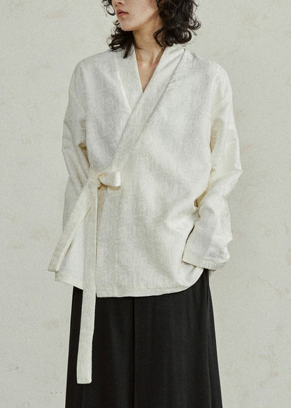 Jacquard Beige V Neck Top Long Sleeve
