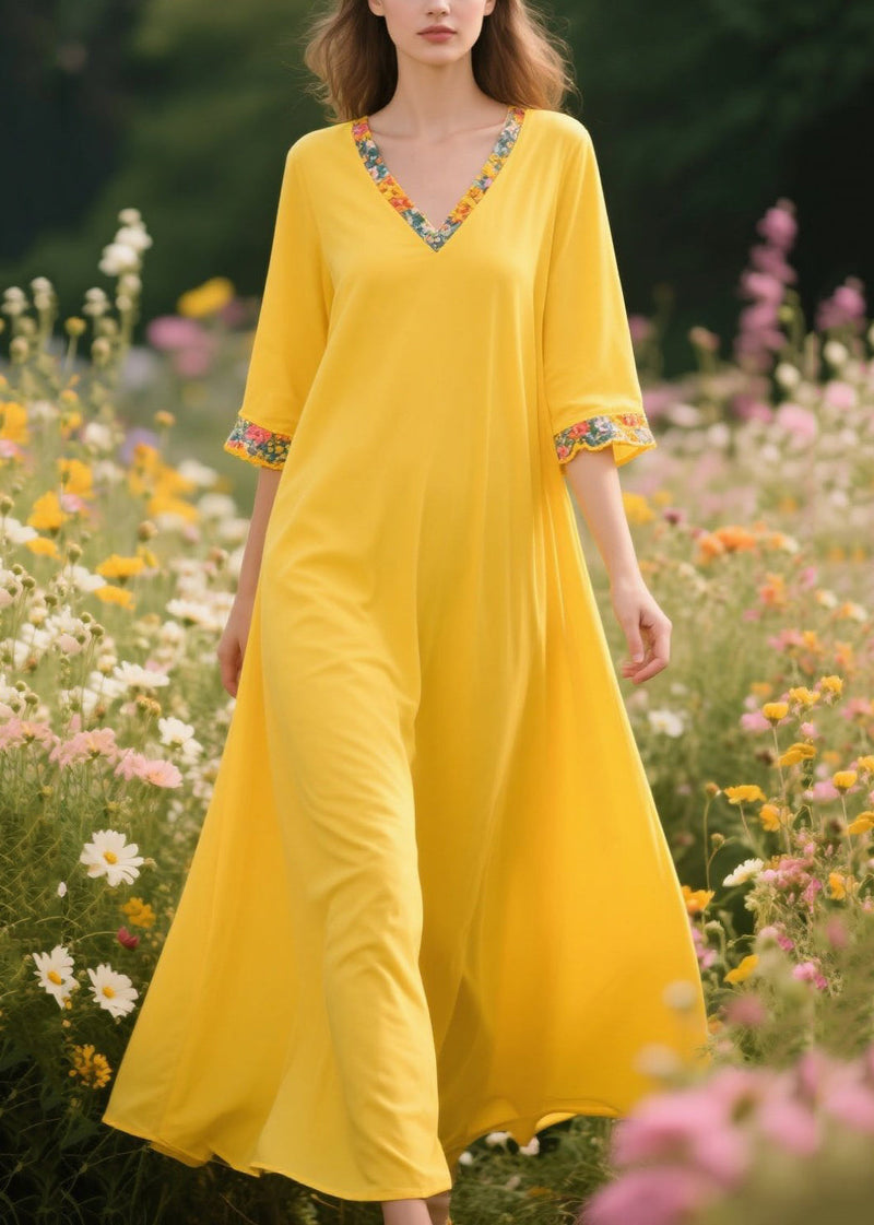 Yellow V Neck Patchwork Cotton a Line Dress Summer