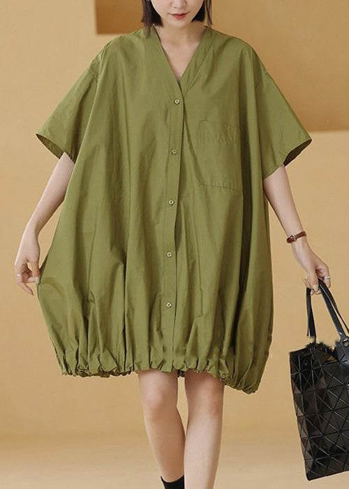 Green Button Cotton Shirts Mid Dress Short Sleeve