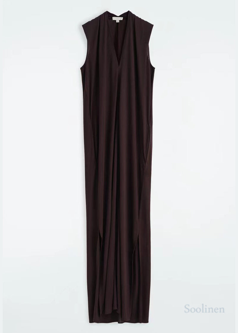 Chocolate V Neck Cotton Straight Dress Sleeveless