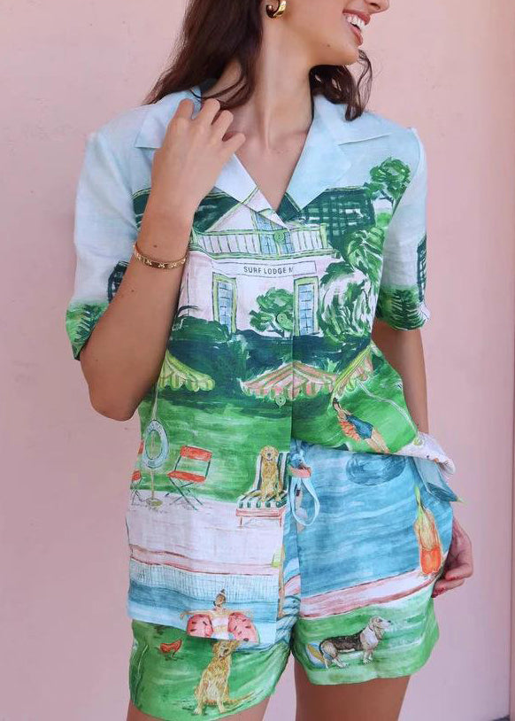 French Blue Print Shirts and Shorts Two Piece Set Short Sleeve