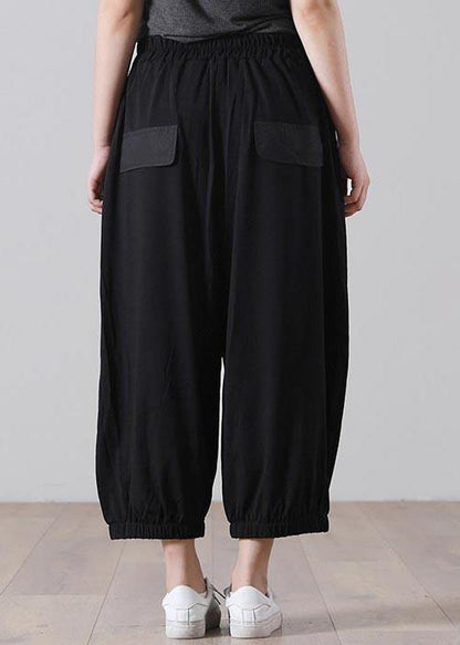 Simple Black Graphic Pockets Pants Summer Cotton