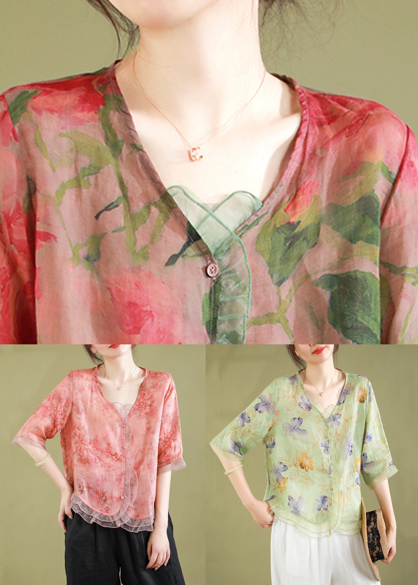 Red Ruffled Button Patchwork Linen Blouse Top Summer