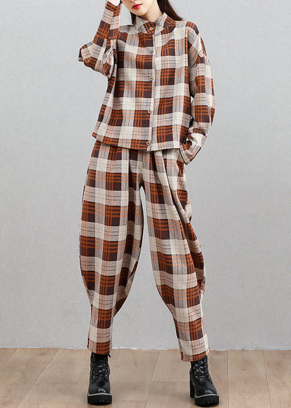 Plaid Button Top and Beam Pants Two Pieces Set Spring