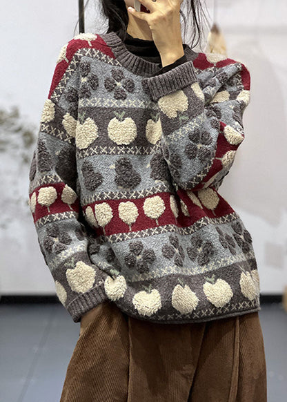 Stylish Grey O Neck Jacquard Knit Sweater Tops Spring