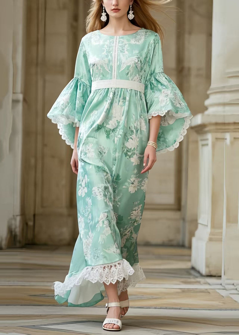 Light Green Print Tunic Patchwork Lace Party Dress Flare Sleeve