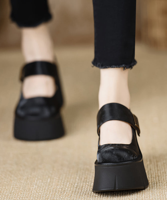 New Buckle Strap Splicing Wedge High Heels Brown Satin