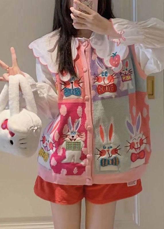Animal Print Button Pink Cotton Knit Waistcoat and White Shirts Two Pieces Set Long Sleeve
