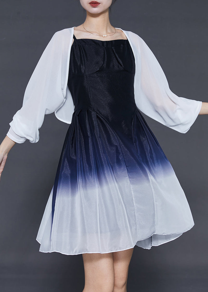 French Gradient Color Silm Fit Silk Dress Two Pieces Set Summer