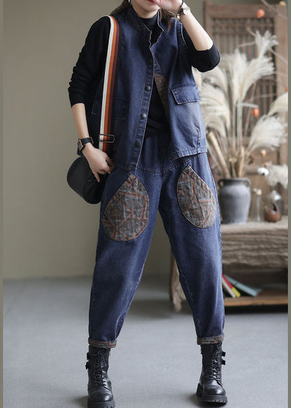 Handmade Blue Patchwork Denim Two Piece Set Outfits Sleeveless