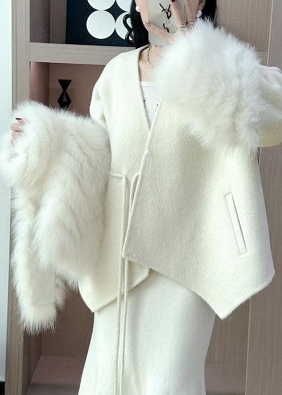 Caramel Fox Collar Patchwork Tie Waist Woolen Coats Fall