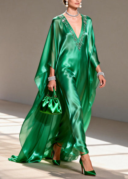 Boutique Green V Neck Zircon Silk Long Dress Spring