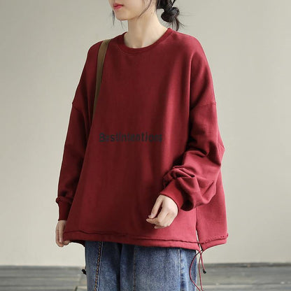 Style Red Alphabet Prints Cotton Blouse Drawstring Baggy Spring Blouses