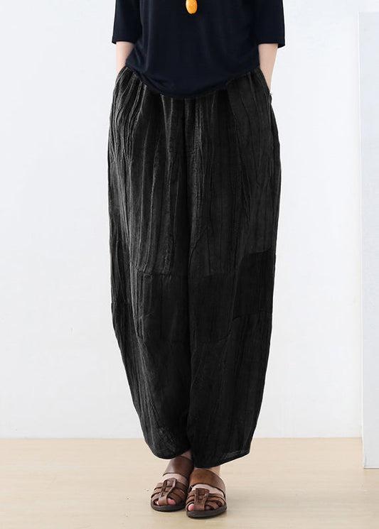 Black Pockets Linen Harem Pants Summer