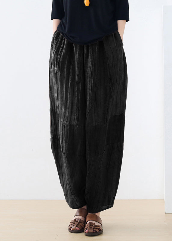 Black Pockets Linen Harem Pants Summer