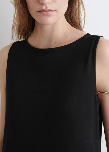 French Black Exra Large Hem Cotton Long Dress Sleeveless