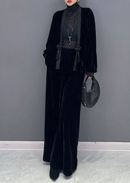 French Black V Neck Patchwork Button Silk Velour Coats and Wide Leg Pants Two Pieces Set Fall