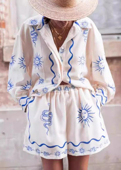 White Peter Pan Collar Print Elastic Waist Linen Two Pieces Set Spring