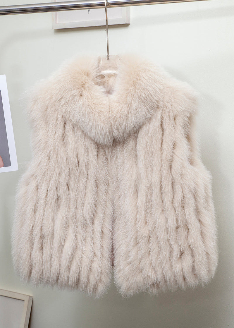 Fine Light Blue Stand Collar Leather and Fur Waistcoat Sleeveless
