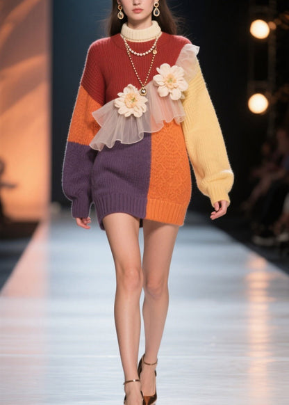 Italian Colorblock Hign Neck Tulle Knit Dress Winter