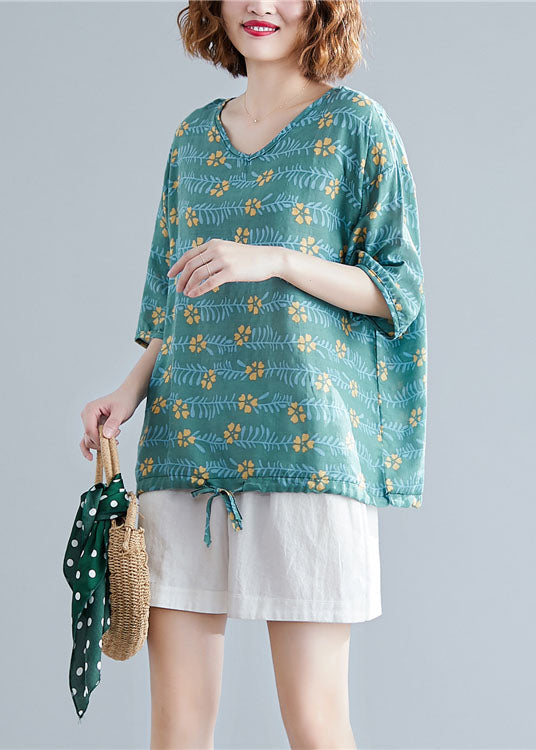 Green V Neck Print Cotton Tanks Short Sleeve