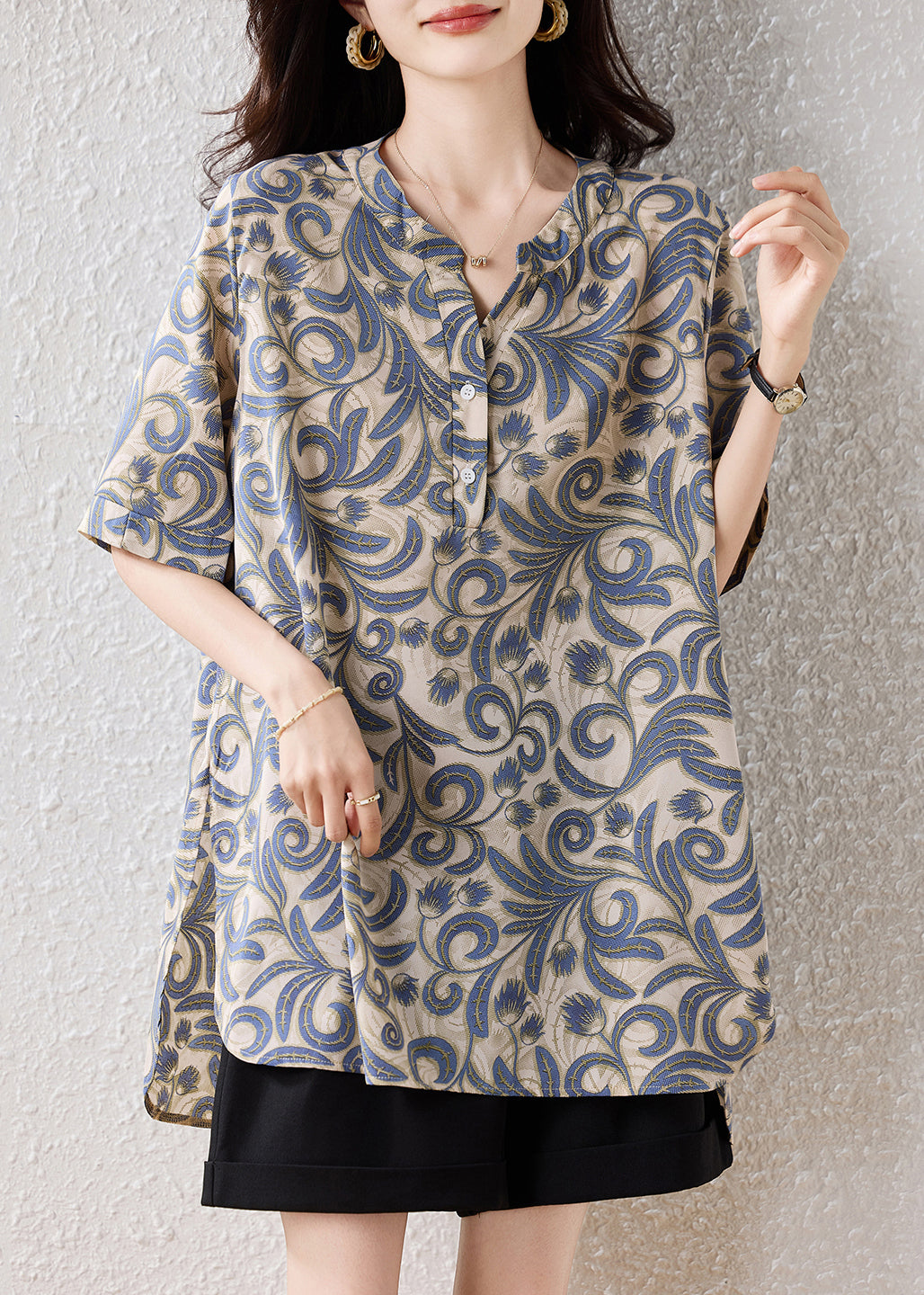 Khaki Oversized Print Cotton Blouses Summer