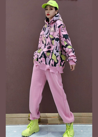Pink Animal Print Warm Fleece Two Pieces Set Drawstring Spring