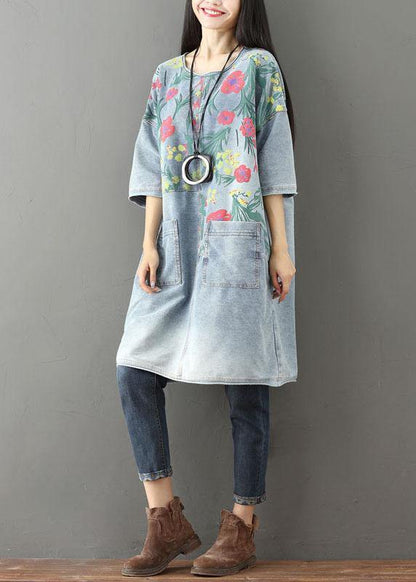 Unique Blue O-neck Pockets Print Fall Denim Dresses Half Sleeve