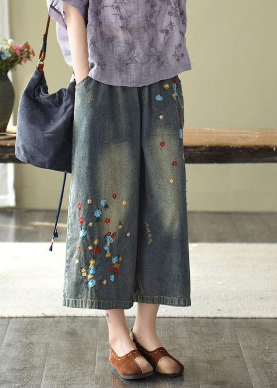 Comfy Dark Color Embroideried Hole Wide Leg Denim Pants