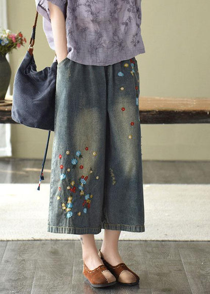 Comfy Grey Embroideried Wide Leg Denim Pants for