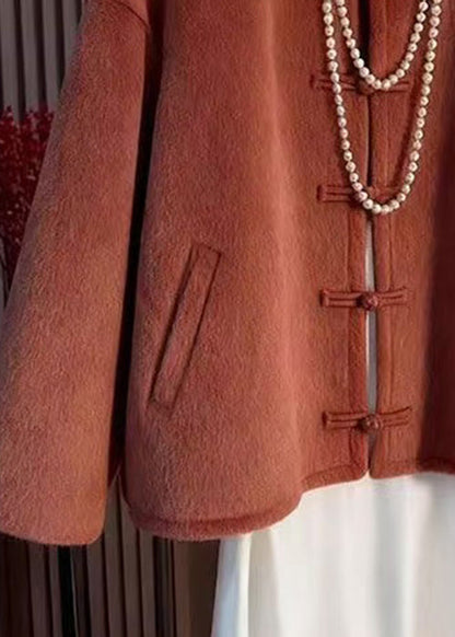 Orange O-neck Button Pockets Woolen Coats Winter